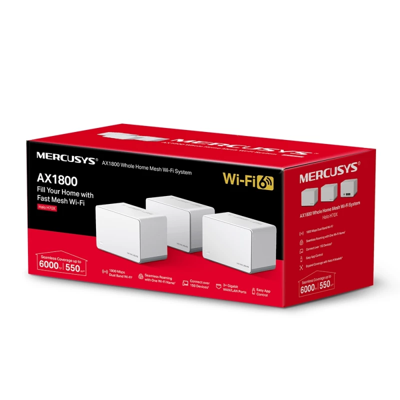 Router wireless MERCUSYS WHOLE-HOME MESH DUAL BAND WI-FI 6, HALO H70X(3-PACK), 1800MBPS