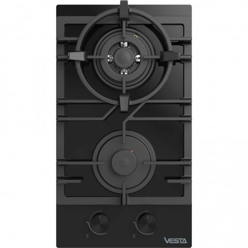 Plita incorporabila cu gaz VESTA BH3060ICG/BL, 2 arzatoare, Arzator Wok, Sticla calita, Aprindere electrica, Negru