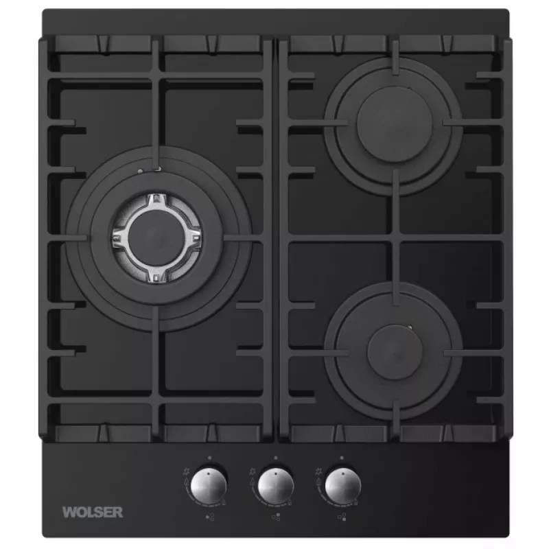 Plita incorporabila cu gaz WOLSER WL-BRD 6300 GBN BLACK FFD, 3 arzatoare, Arzator Wok, Sticla calita, Aprindere electrica, Negru