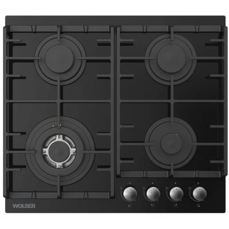 Plita incorporabila cu gaz WOLSER WL-BRD 6400 GBN BLACK FFD, 4 arzatoare, Arzator Wok, Sticla calita, Aprindere electrica, Negru