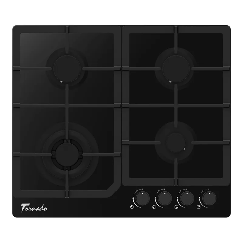 Plita incorporabila cu gaz TORNADO YOL-4025WOK BL, 4 arzatoare, Arzator Wok, Sticla calita, Negru