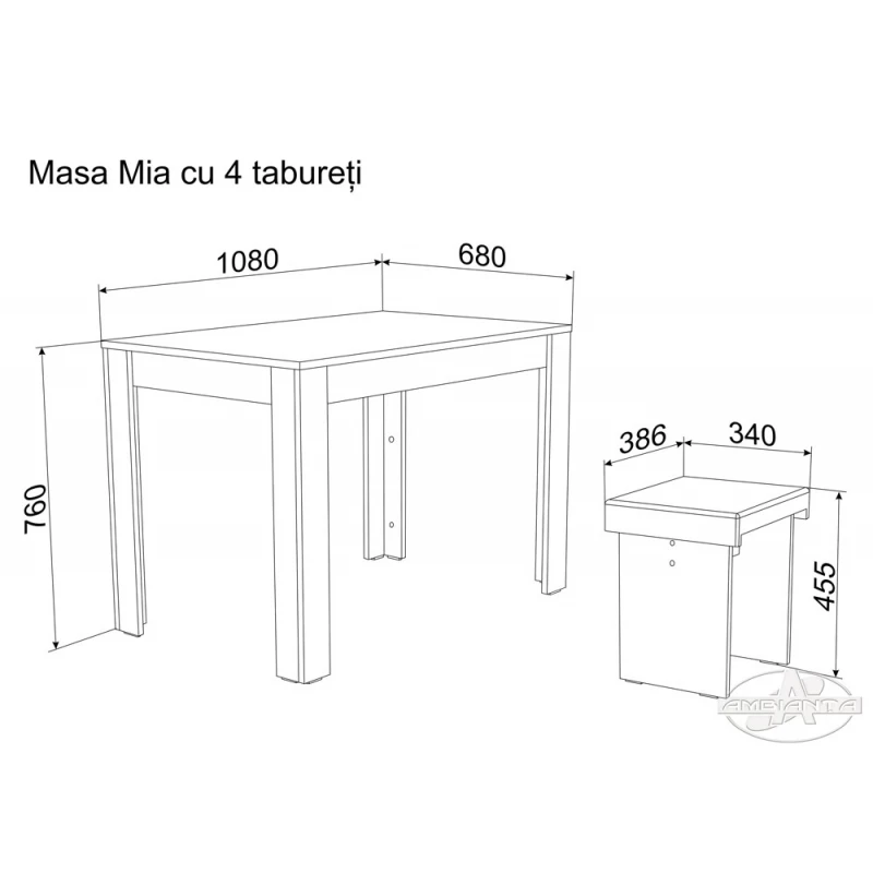 Стол Ambianta MIA cu 4 taburete, ЛДСП, Сонома темный, 108 x 68 x 76