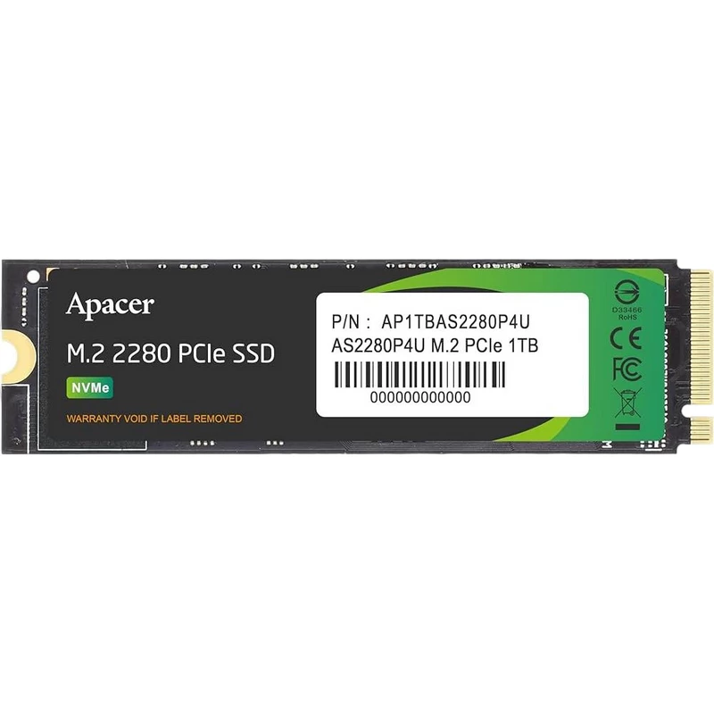 SSD APACER M.2 NVME SSD 1.0TB  AS2280P4U [PCIE 3.0 X4, R/W:3500/3000MB/S, 670/670K IOPS, 760TB, 3D TLC]