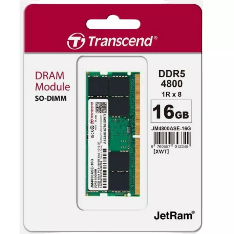 RAM TRANSCEND 16GB DDR5-4800MHZ SODIMM JETRAM, PC5-38400U, 1RX8, CL40, 1.1V