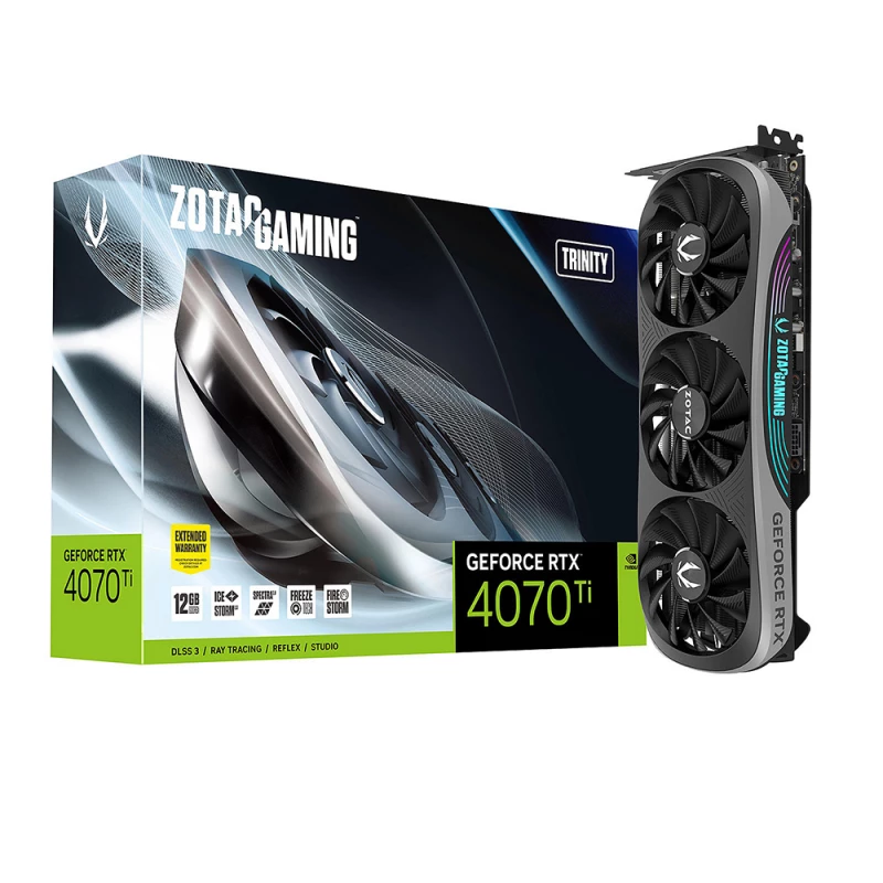 Placa video ZOTAC GeForce RTX 4070 Ti Trinity OC 12GB GDDR6X, 192bit, 2625/21000Mhz, Ada Lovelace/DLSS3, PCIeX16 4.0, 1xHDMI, 3xDP, All-New Aerodynamic Design, Triple Fan/IceStorm 2.0, Active Fan Control/FREEZE Fan Stop/Dual Bios, SPECTRA 2.0 RGB Lightning, Meta