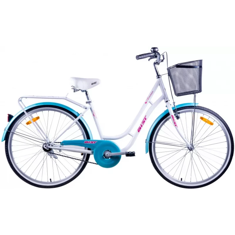 Bicicleta AIST AVENUE 1.0 БЕЛО-БИРЮЗОВЫЙ 26 СТАЛЬ 1 V-BRAKE НОЖНОЙ БАГАЖНИК, ЗВОНОК, КОРЗИНА, 26", 1 viteza, Alb, Turcoaz