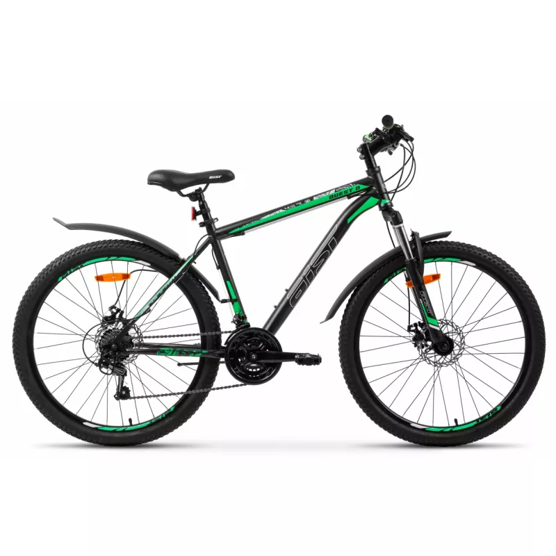 Bicicleta AIST QUEST ЧЕРНО-ЗЕЛЕНЫЙ 26 СТАЛЬ 21 V-BRAKE V-BRAKE КРЫЛЬЯ ПЛАСТИКОВЫЕ, 26", 21 viteze, Negru, Verde