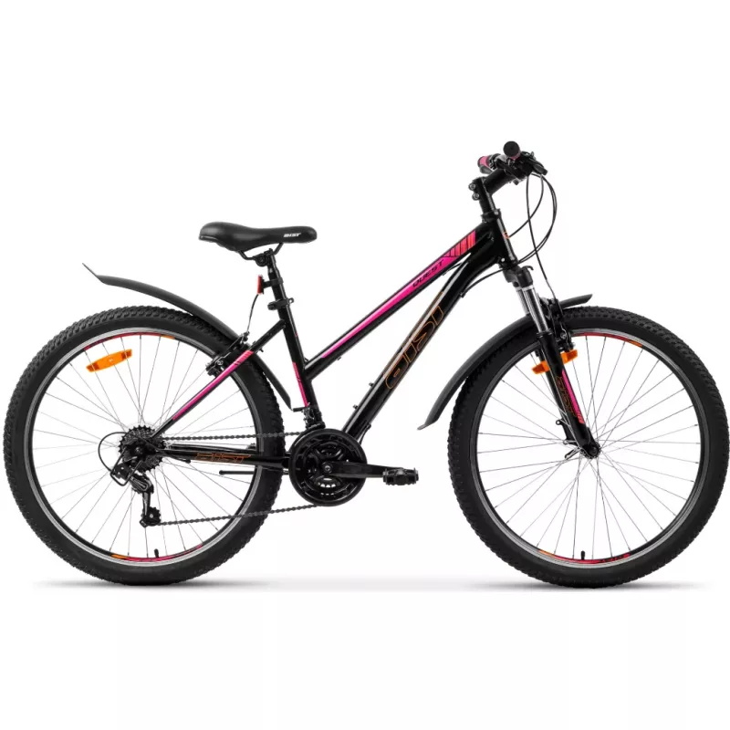 Bicicleta AIST QUEST W ЧЕРНЫЙ С МАЛИНОВЫМ 26 СТАЛЬ 21 V-BRAKE V-BRAKE РАМА ЖЕНСКАЯ, 26", 21 viteze, Negru, Roz