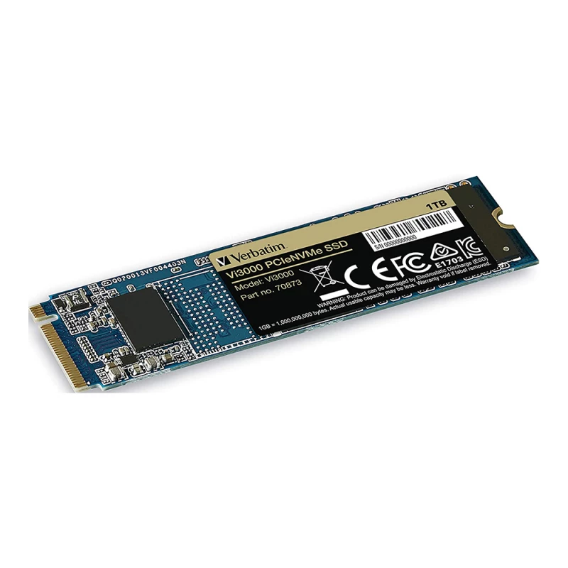 SSD VERBATIM M.2 NVMe SSD 1.0TB Vi3000, Interface: PCIe3.0 x4 / NVMe 1.3, M2 Type 2280 form factor, Sequential Read 3300 MB/s, Sequential Write 3300 MB/s, Random Read 150K IOPS, Random Write 100K IOPS, Phison E13T, TBW: 750TB, 3D NAND TLC