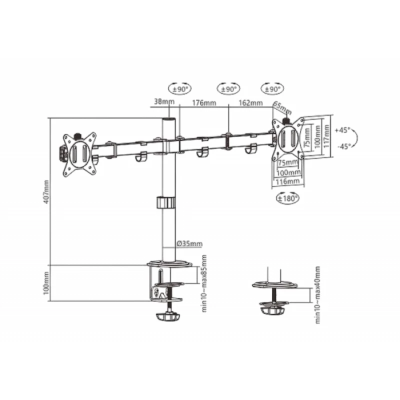 Разное GEMBIRD Table/desk 2-display mounting arm (rotate,tilt,swivel),17”-32”,up to 9 kg,VESA:75x75,100x100