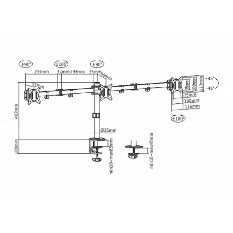 Держатель для монитора GEMBIRD Table/desk 3-display mounting arm Gembird (rotate,tilt,swivel),17”-27”,up to 7 kg,VESA:75x75,100x100