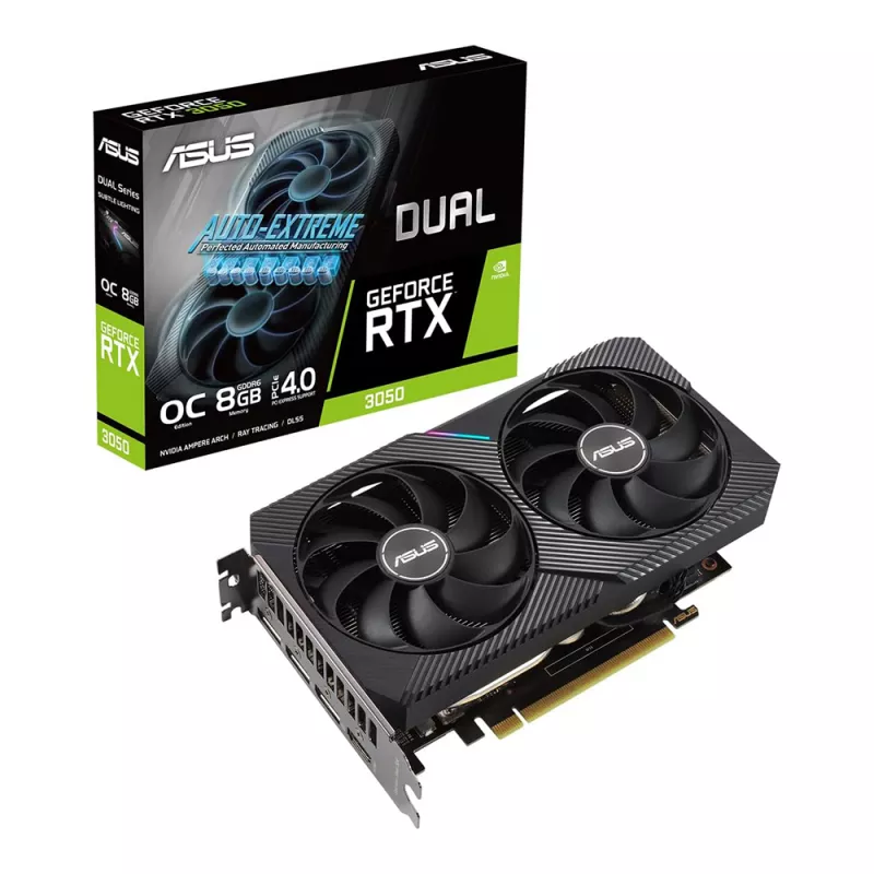 Placa video ASUS DUAL-RTX3050-O8G-V2, GEFORCE RTX3050 8GB GDDR6, 128-BIT, GPU/MEM SPEED 1852/14GBPS, PCI-EXPRESS 4.0, HDMI 2.1A/DISPLAY PORT 1.4A/DVI-D (PLACA VIDEO/ВИДЕОКАРТА)