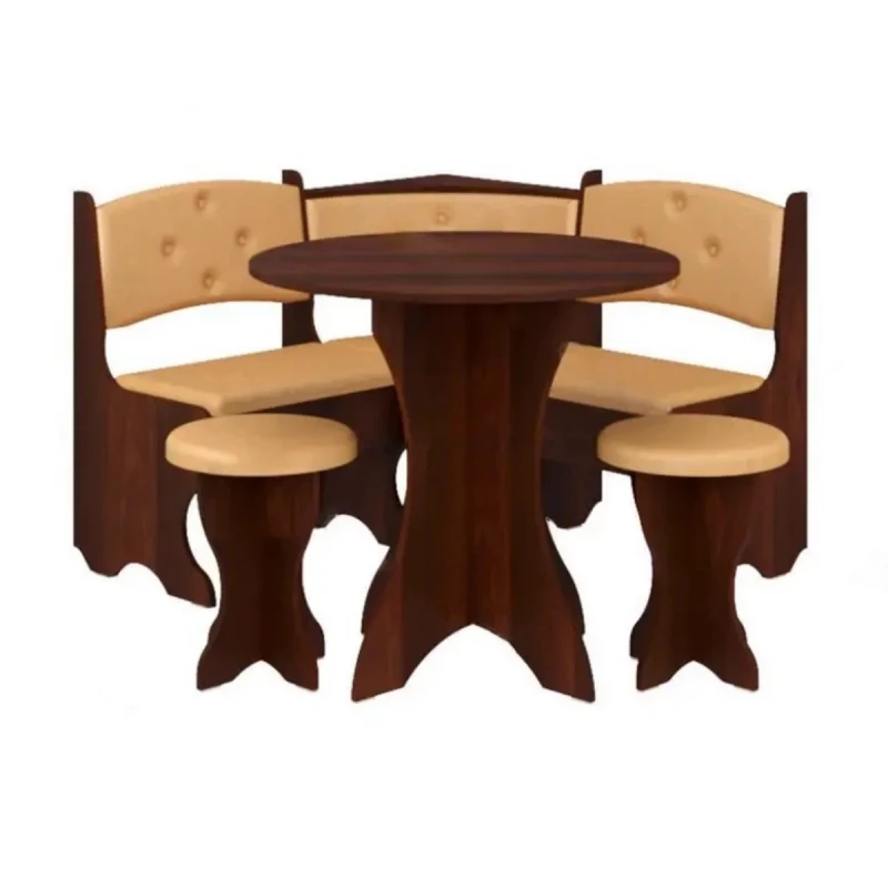 Coltar de bucatarie PEHOTIN «БОЯРИН» С КРУГЛ СТОЛОМ И 2 ТАБУРЕТАМИ, Nuc, Cafea