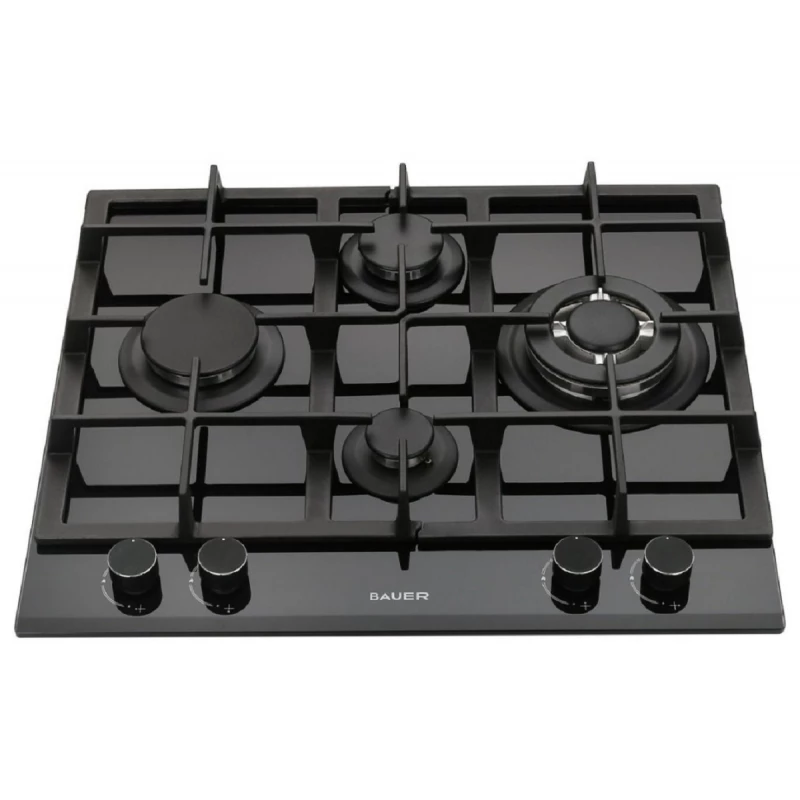 Plita incorporabila cu gaz BAUER GH-604 BG04, 4 arzatoare, Arzator Wok, Sticla calita, Negru