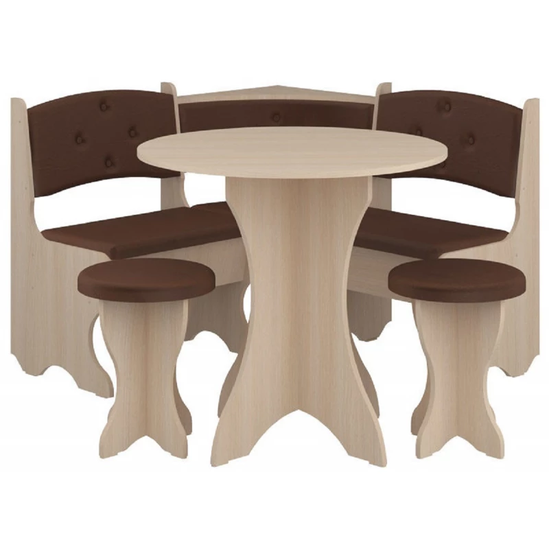 Coltar de bucatarie PEHOTIN BOIARIN CU MASA ROTUNDA SI 2 TABURETE, Stejar Sonoma, Maro