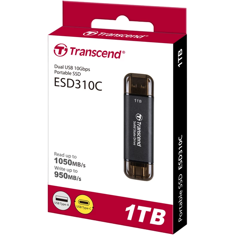 Жёсткий диск внешний TRANSCEND 1.0TB PORTABLE SSD ESD310C BLACK, USB-A/C 3.2 (71.3X20X7.8 MM, 11G, R/W:1050/950 MB/S)