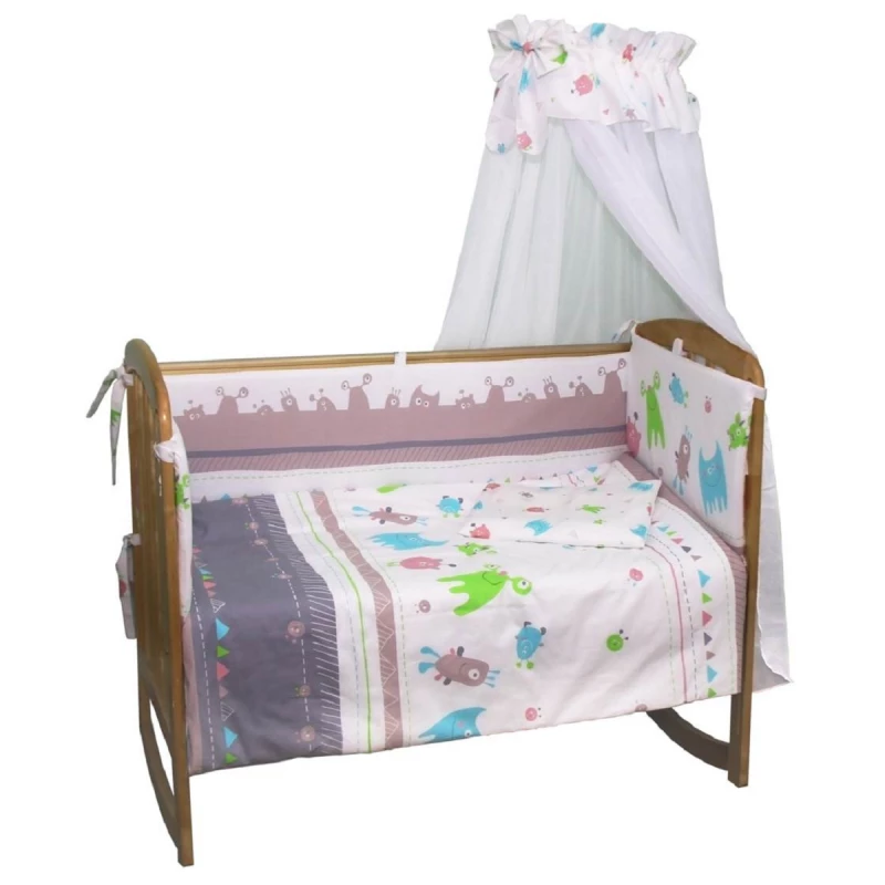 Lenjerie de pat Polini kids MONSTERS - 7 UNITATI, Pentru copii, Bumbac, Alb