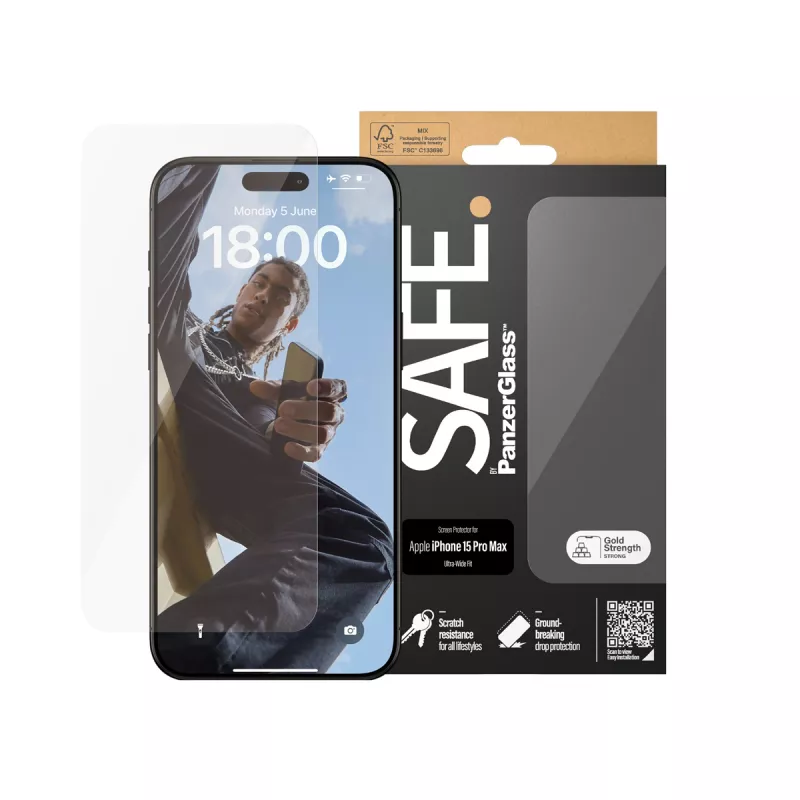 Sticla de protectie PanzerGlass SAFE. BY  APPLE IPHONE 15 PRO MAX, ULTRA-WIDE FIT, Tempered Glass, Transparent