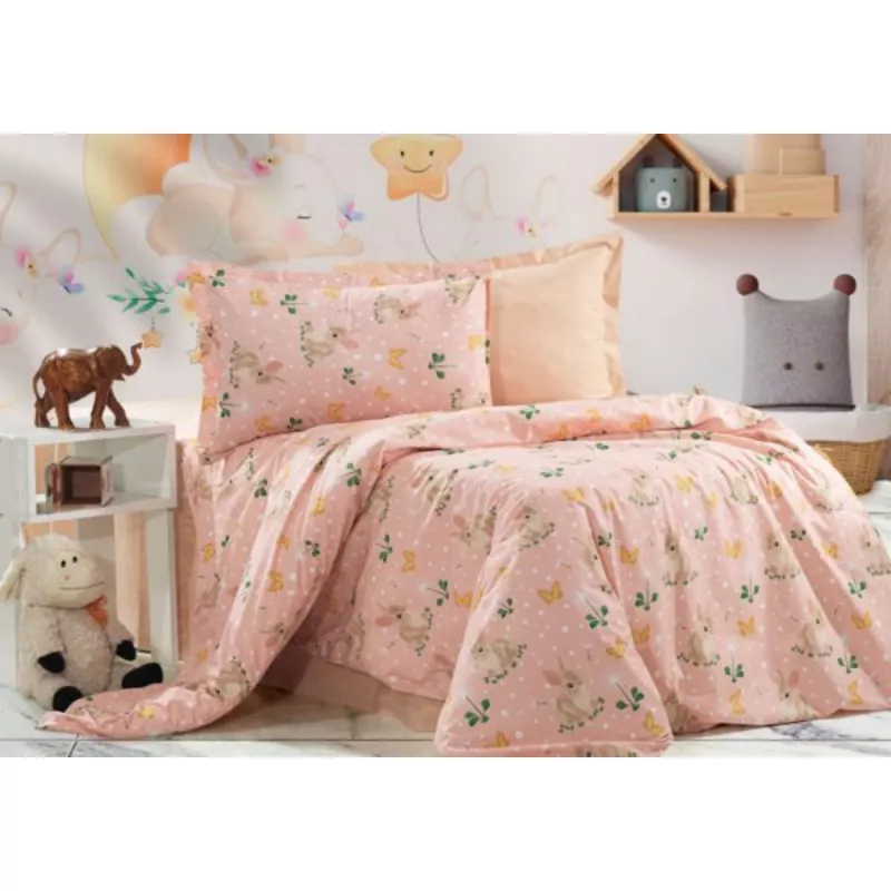 Постельное белье (комплект) Cottony Кролик Розовый / Оранжевый, Полуторный, Поплин, Розовый, Оранжевый