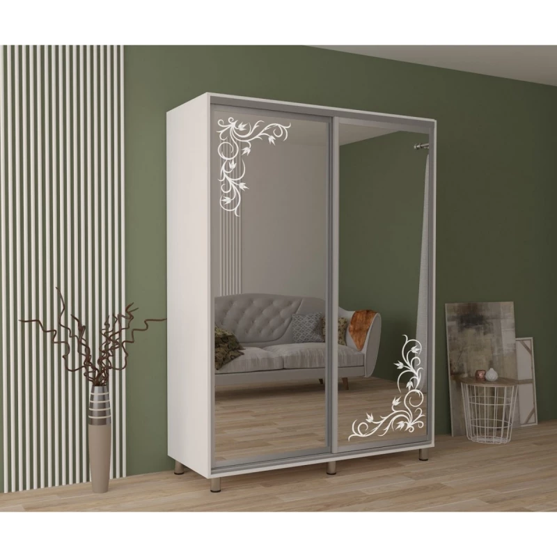 Dulap cu usi glisante MOBILDOR ARON - UȘI OGLINDA/DESEN 110/60/220, Alb Briliant