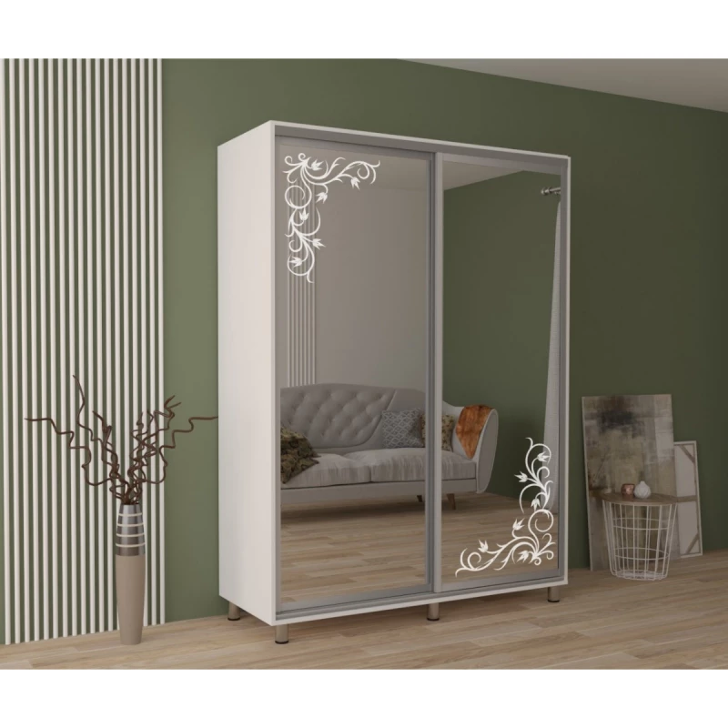 Dulap cu usi glisante MOBILDOR ARON OGLINDA/DESEN 1200X600X2200, Alb Briliant