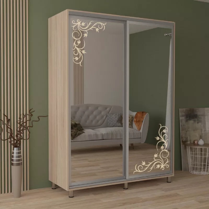 Dulap cu usi glisante MOBILDOR ARON S - UȘI OGLINDA/DESEN 130X60X220, Sonoma