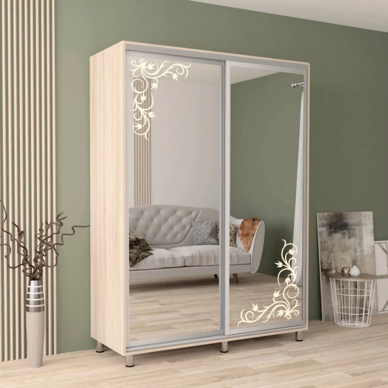 Dulap cu usi glisante MOBILDOR ARON P - UȘI OGLINDA/DESEN 100/60/220, Sonoma