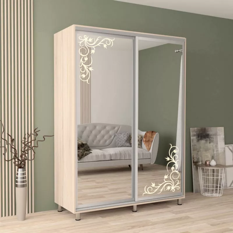 Dulap cu usi glisante MOBILDOR ARON P - UȘI OGLINDA/DESEN 140/60/220, Sonoma