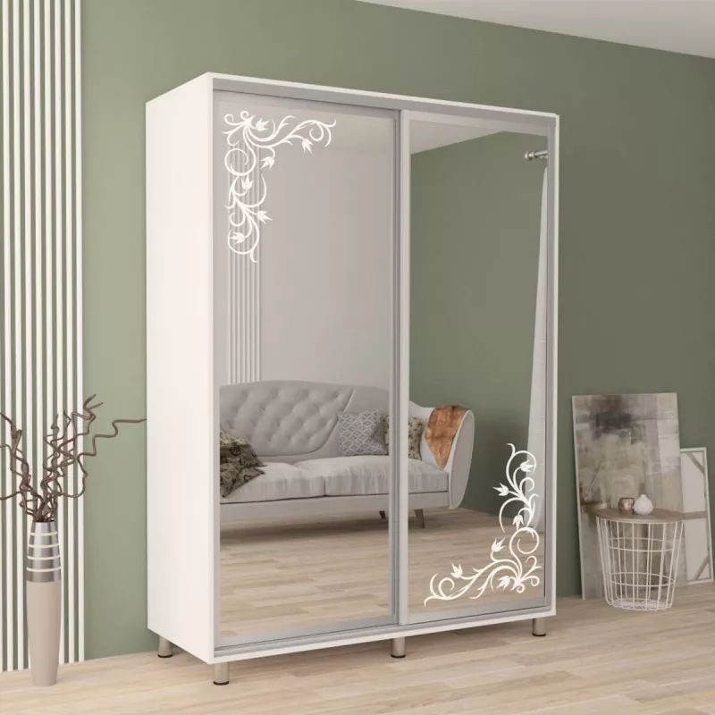 Dulap cu usi glisante MOBILDOR ARON P - UȘI OGLINDA/DESEN 190/60/220, Alb Briliant