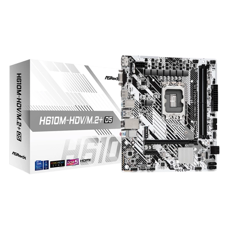 Placa de baza ASROCK H610M-HDV/M.2+ D5 mATX, Factor de formă a plăcii de baza: Micro-ATX Socket: LGA1700 Chipset: Intel H610 Tip Memorie: DDR5 SDRAM Capacitate max. Totală RAM: 96GB Sloturi memorie: 2x DIMM