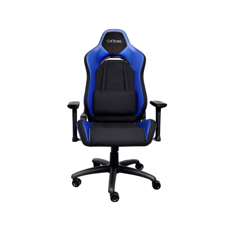 Игровое геймерское кресло TRUST GXT 714B RUYA - BLACK/BLUE, PU leather, 3D armrests, Class 4 gas lift, 90°-180° adjustable backrest, Strong and robust metal base frame, Including removable and adjustable lumbar and neck cushion, Durable double wheels, up to 195 c