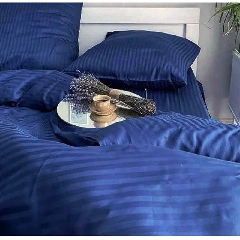 Lenjerie de pat REMAX CUVERTURĂ DE PLAPUMĂ, CEARCEAF + 2 FEȚE DE PERNĂ, 1 Persoana, Straip satin, Albastru