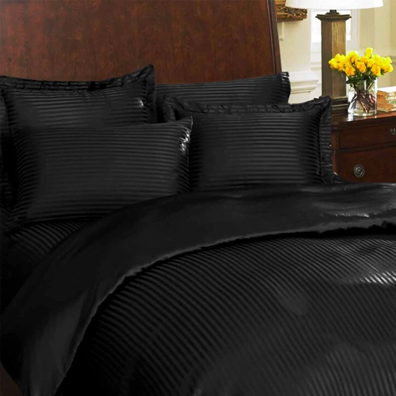 Lenjerie de pat REMAX CUVERTURĂ DE PLAPUMĂ, CEARCEAF + 2 FEȚE DE PERNĂ, 1 Persoana, Straip satin, Negru