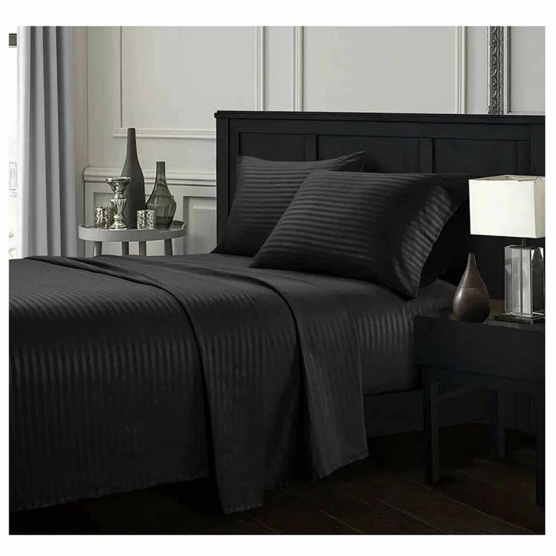 Lenjerie de pat REMAX CUVERTURĂ DE PLAPUMĂ, CEARCEAF + 2 FEȚE DE PERNĂ, 2 persoane, Straip satin, Negru