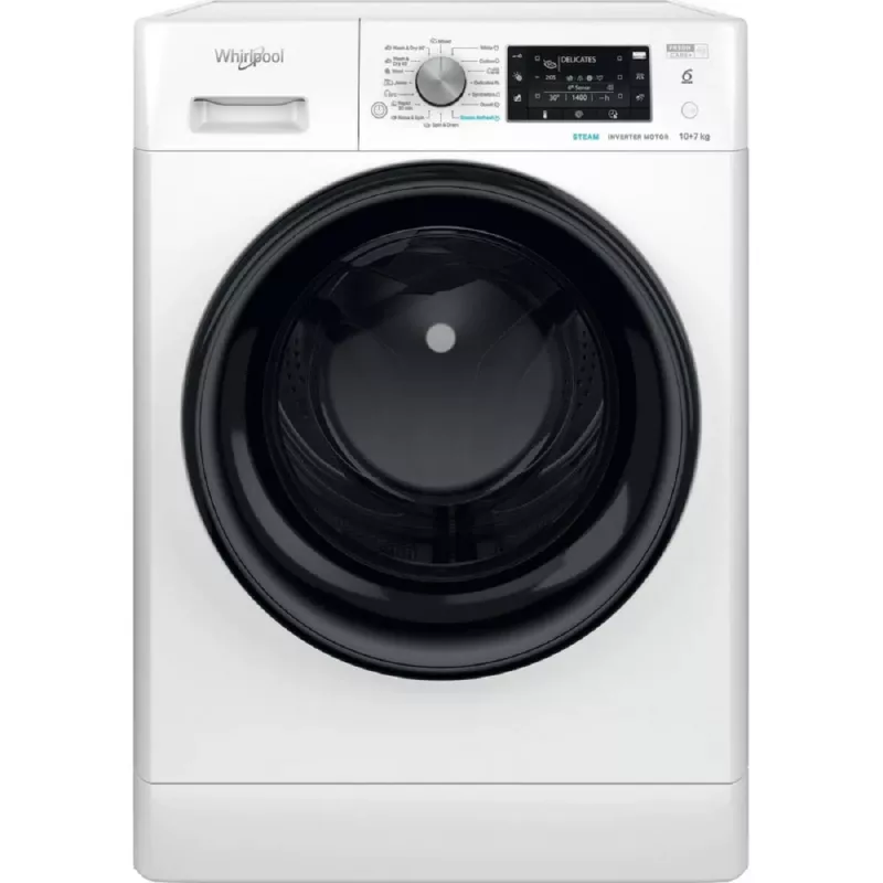 Стиральная машина с сушкой Whirlpool FFWDD 1076258 BV EU, Полноразмерная, 10 кг, 7 кг, 1600 об/мин, 16 программ, Белый, Черный, E