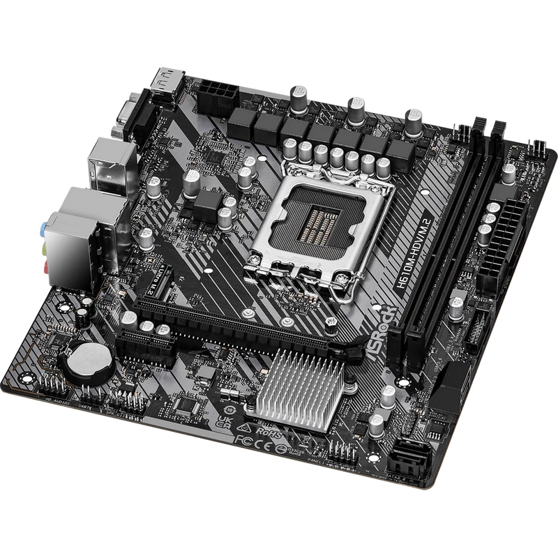 Материнская плата ASROCK H610M-HDV/M.2 R2.0 MATX, Factor de formă a plăcii de baza: Micro-ATX Socket: LGA1700 Chipset: Intel H610 Tip Memorie: DDR4 SDRAM Capacitate max. Totală RAM: 64GB Sloturi memorie: 2x DIMM Frecvență memorie: 3200 MHz