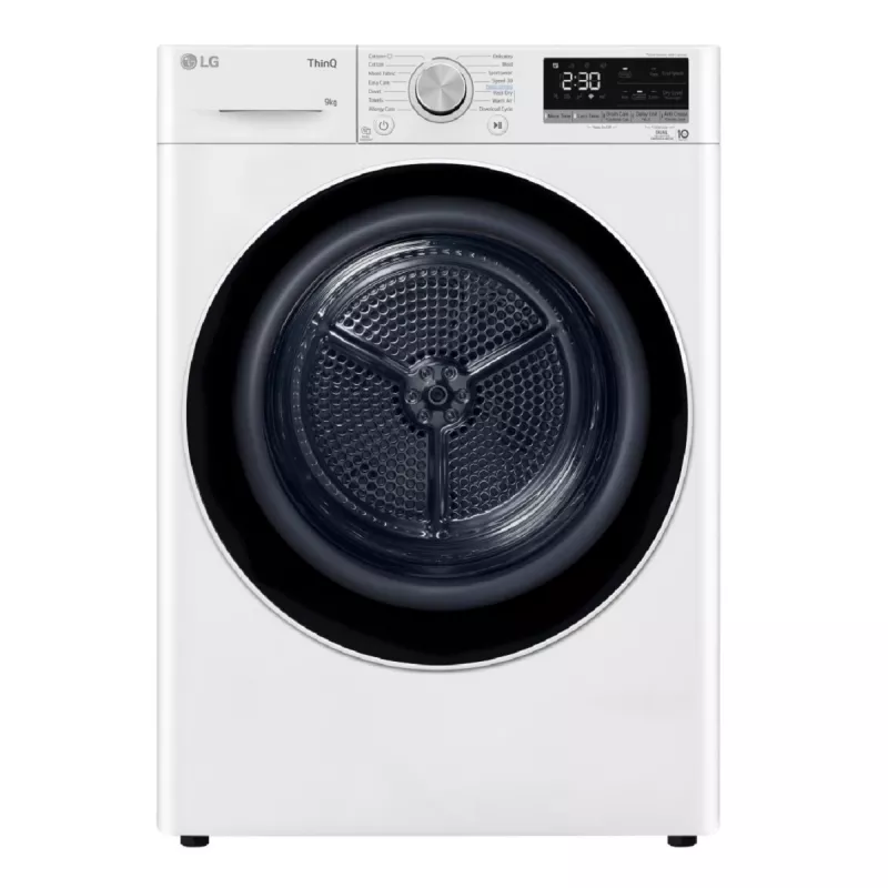 Сушильная машина LG RH90V9AV4N, Полноразмерная, 9 кг, Конденсационная с тепловым насосом, 12 программ, Белый, Черный, A+++