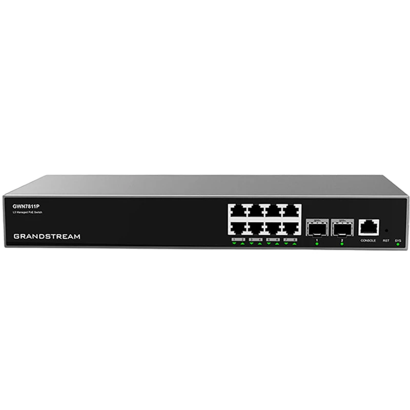 Comutator de retea Grandstream 8-PORT GIGABIT LAYER 3 MANAGED POE SWITCH,  "GWN7811P", 2X10GBIT SFP+, 120W BUDGET, RACK-MOUNT