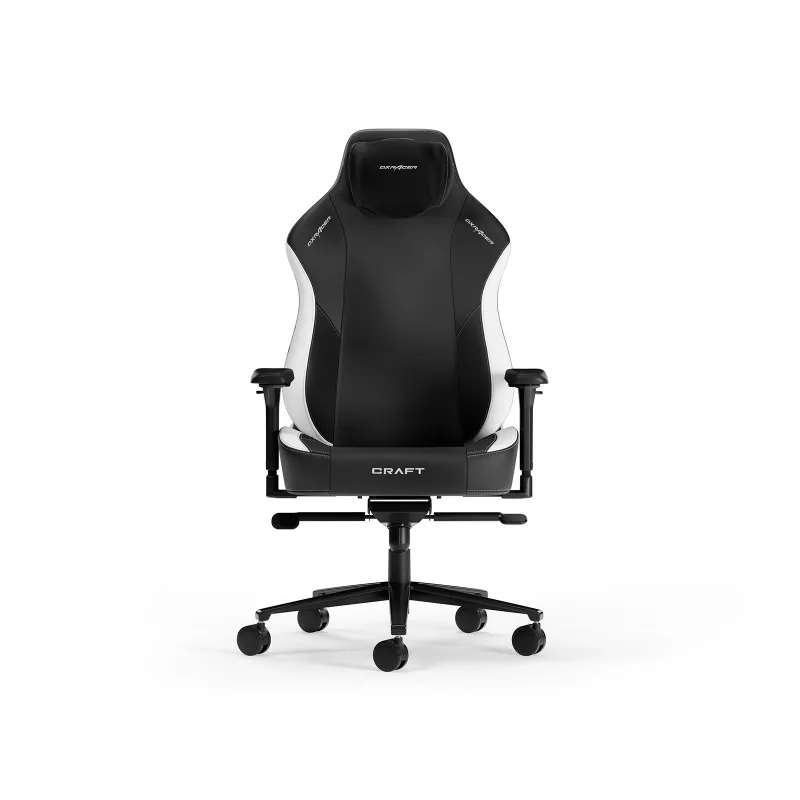 Игровое геймерское кресло DXRacer CRAFT-23-L-NW-X1, BLACK/WHITE, Gazlift, 150 kg, 145-185 cm, Premium PU leather, Recline 90°-135°, 4D Armrests, Tilt angle lock, Head cushion, built-in lumbar support, Aluminium wheelbase, 2.36" PU Caster, W-2