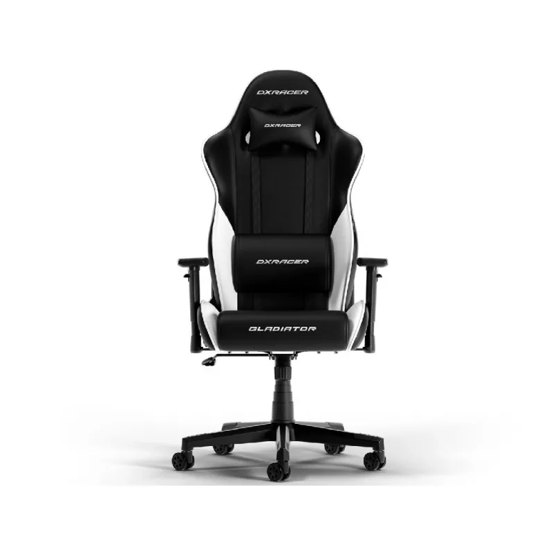 Игровое геймерское кресло DXRacer GLADIATOR-23-L-NW-X1, BLACK/WHITE, Gaslift class 4, 150 kg, 180-200 cm, Premium PVC leather, Full tilt, Recline 90°-135°, 3D Armrests, Headrest and lumbar cushions, 6 cm PU Caster, W-22,15 kg