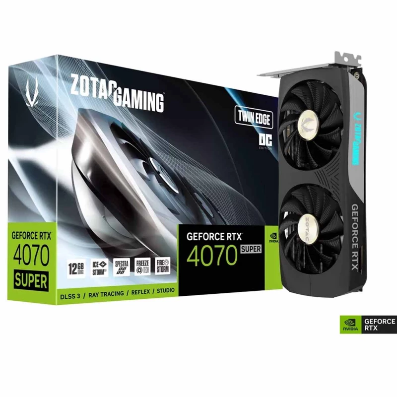 Placa video ZOTAC GeForce RTX 4070 SUPER Twin Edge OC, 12GB GDDR6X, 192bit, 2490/21000Mhz, Ada Lovelace/DLSS3.5, PCIeX16 4.0, 1xHDMI, 3xDP, 2 Slot, Dual Fan/ IceStorm 2.0, Active Fan Control/FREEZE Fan Stop, SPECTRA RGB, Metal Backplate, Compact Size, 1x 12VHPWR,