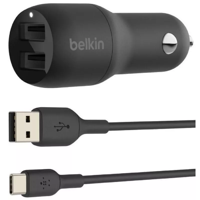 Incarcator masina BELKIN 24W Dual USB-A, USB-A - USB-C, 1m, black