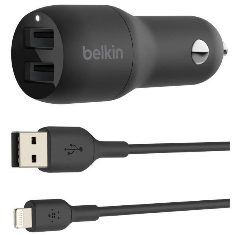 Incarcator masina BELKIN 24W Dual USB-A, USB-A - Lightning, 1m, black