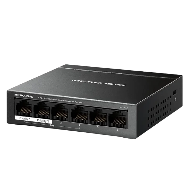 Comutator de retea MERCUSYS 6-PORT 10/100M POE+ SWITCH, MS106LP, WITH 4 PORT POE, 40W BUDGET, STEEL CASE, Rețea Ethernet: PoE: 4x IEEE 802.3af/at