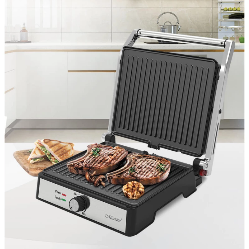 Gratar electric Maestro MR-719, 2000 W, Termostat reglabil, Inox, Negru