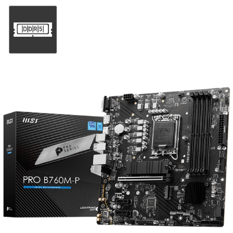 Placa de baza MSI PRO B760M-P, Socket 1700, Intel® B760 (14/13/12th Gen CPU), CPU graphics, VGA, HDMI, DP, Dual 4xDDR5-6800, 1xPCIe X16 4.0, 4xSATA3, RAID, 2xM.2 4.0, 2xPCIe X1, ALC897 7.1 HDA, 2.5GbE LAN, 1xUSB-C 3.2Gen2, 3xUSB3.2, LPT+COM-port Header, RGB Led, mATX