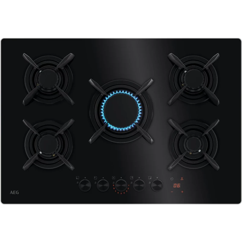 Plita incorporabila cu gaz AEG HKB75453NB, 5 arzatoare, Sticla, Negru