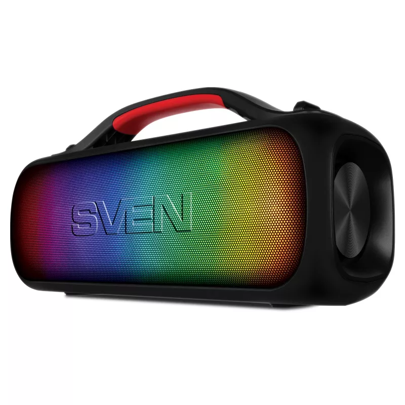 Колонка SVEN PS-360 BLACK, BLUETOOTH WATERPROOF PORTABLE SPEAKER, 24W RMS, DYNAMIC SWITCHABLE RGB BACKLIGHT, WATER PROTECTION (IPX5) SUPPORT FOR IPAD & SMARTPHONE, FM TUNER, USB & MICROSD, TWS, BUILT-IN LITHIUM BATTERY 3000 MAH, AUX STEREO INPUT, CARRYING ST