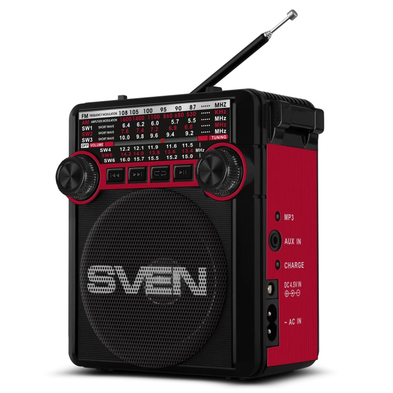 Колонка SVEN SVEN SRP-355 Red, FM/AM/SW Radio, 3W RMS, 8-band radio receiver, built-in audio files player from USB-fash, microSD and SD card storage devices, telescopic swivel antenna, built-in battery