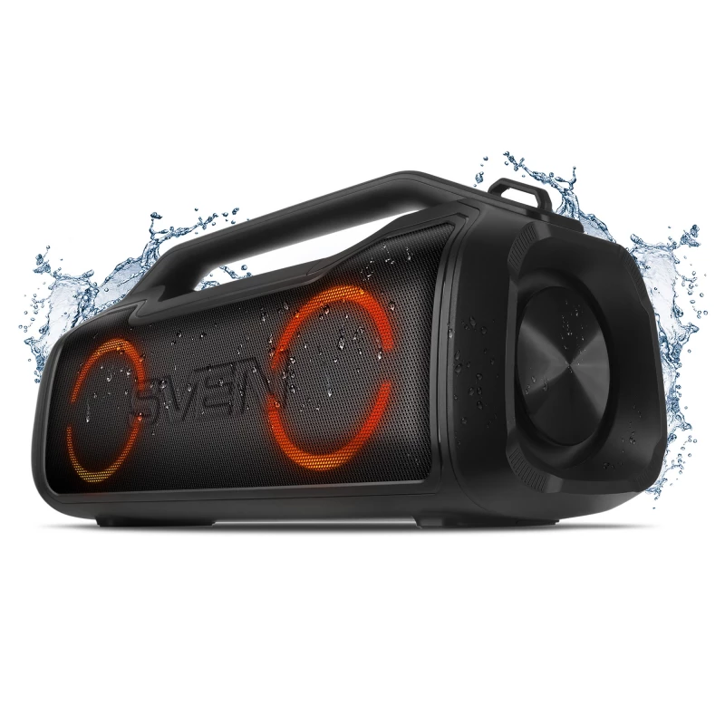 Колонка SVEN SVEN PS-390 Black, Bluetooth Portable Speaker, Waterproof (IPx5), Dynamic switchable RGB backlight, 50W RMS, MicroSD, FM tuner, USB Type-C, TWS, built-in lithium battery - 3600 mAh, Power Bank function, AUX stereo input